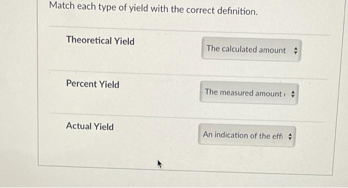 Match each type of reaction yield to the correct description.