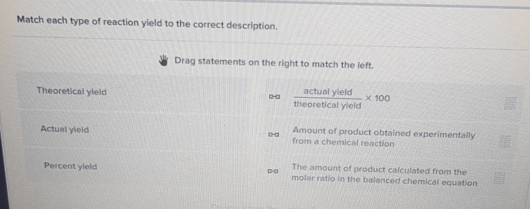 Match each type of reaction yield to the correct description.